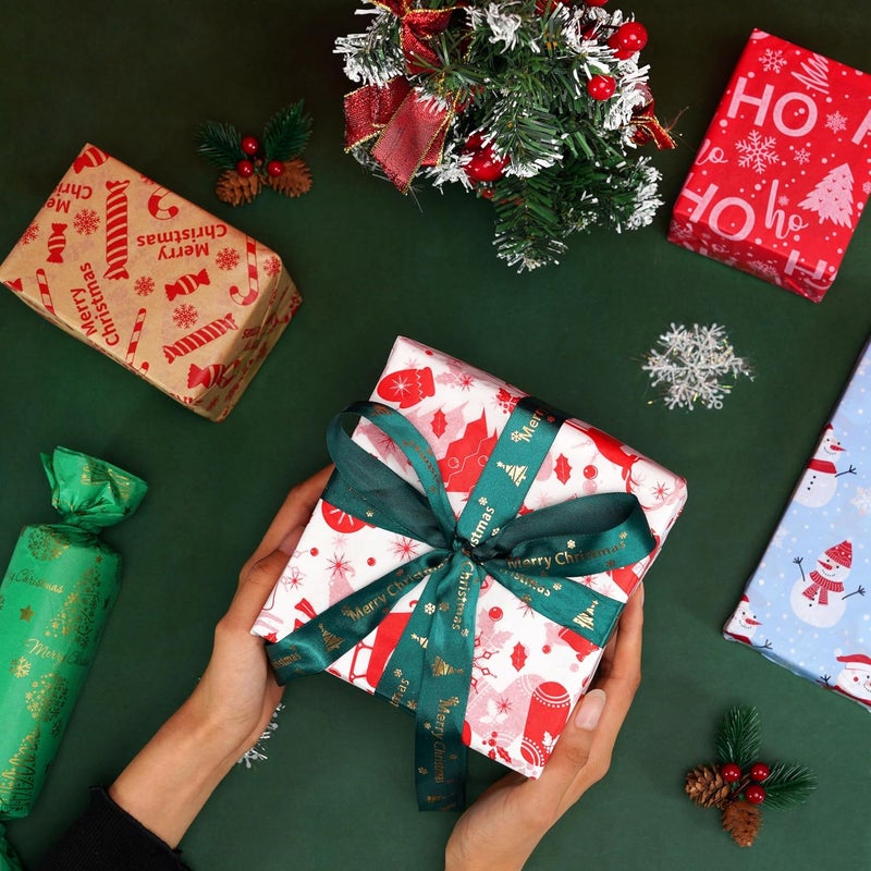 ROSYJUNE 80 Sheets Christmas Tissue Paper for Gift Bags, 20" x 20" Red Green White Wrapping Tissue Paper with 8 Different Designs for Christmas Gift Wrapping Holiday Decoration DIY Craft - Image 4